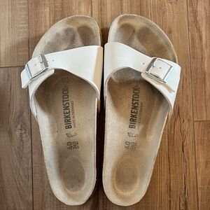 Birkenstock White Slides with Metallic Buckle